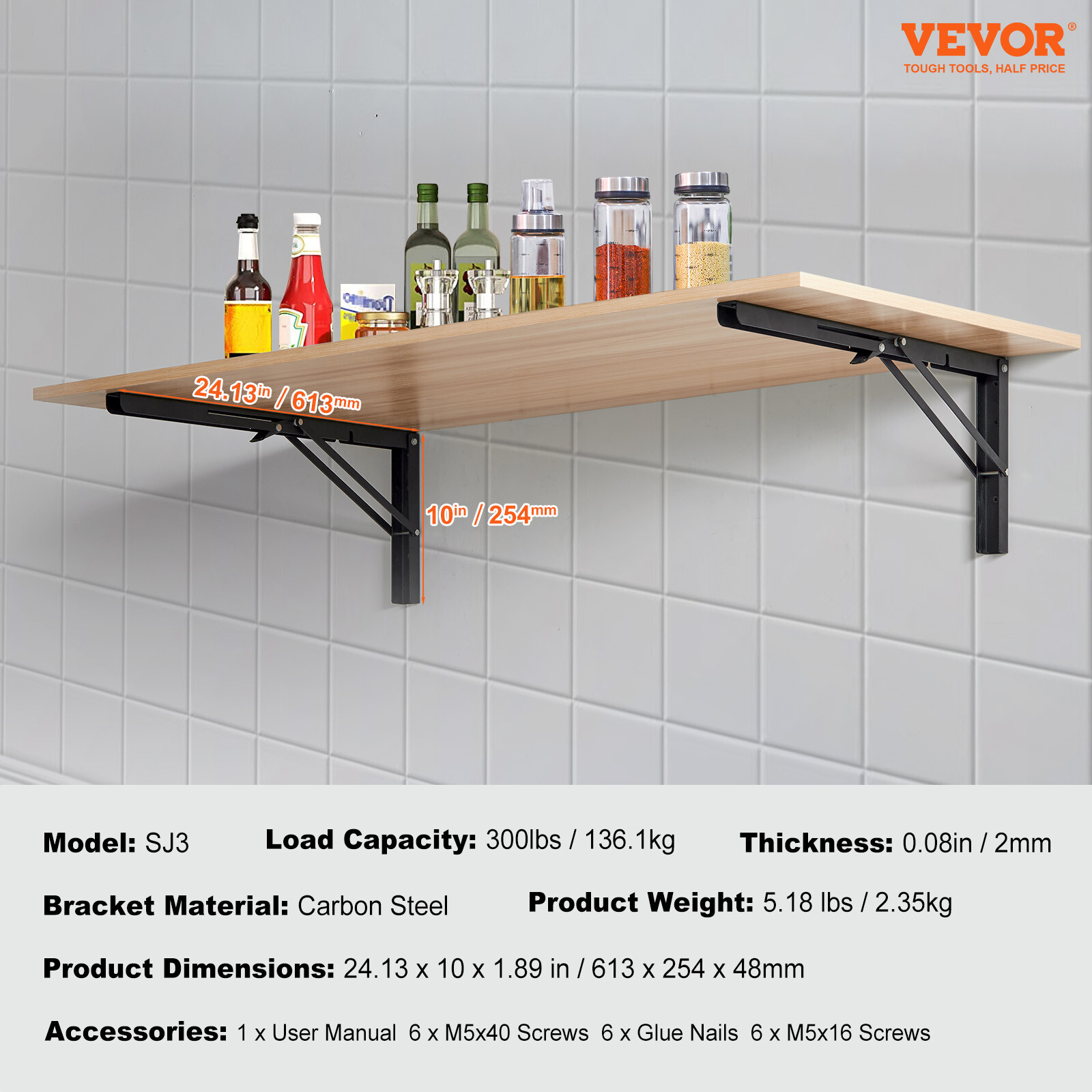 VEVOR Foldable Shelf Bracket 24”L 2 Pcs Heavy Duty Floating Shelf Brackets