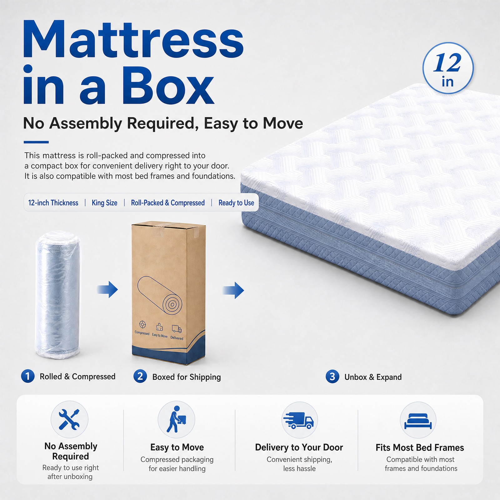 King Size Mattress 12 Inch High Density Soft Support Memory Foam Mattress Safety