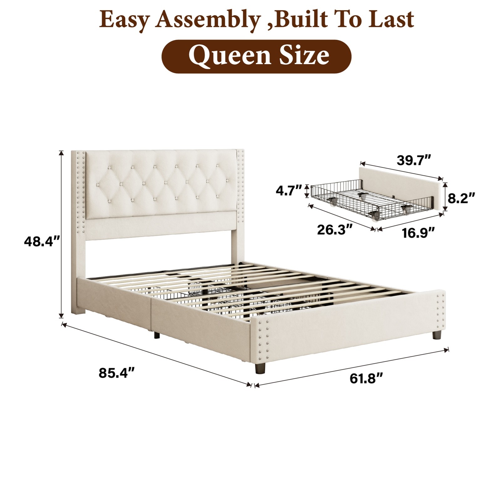 Queen Size Bed Frame With Headboard 4 Drawers Easy 40-Minute Assembly