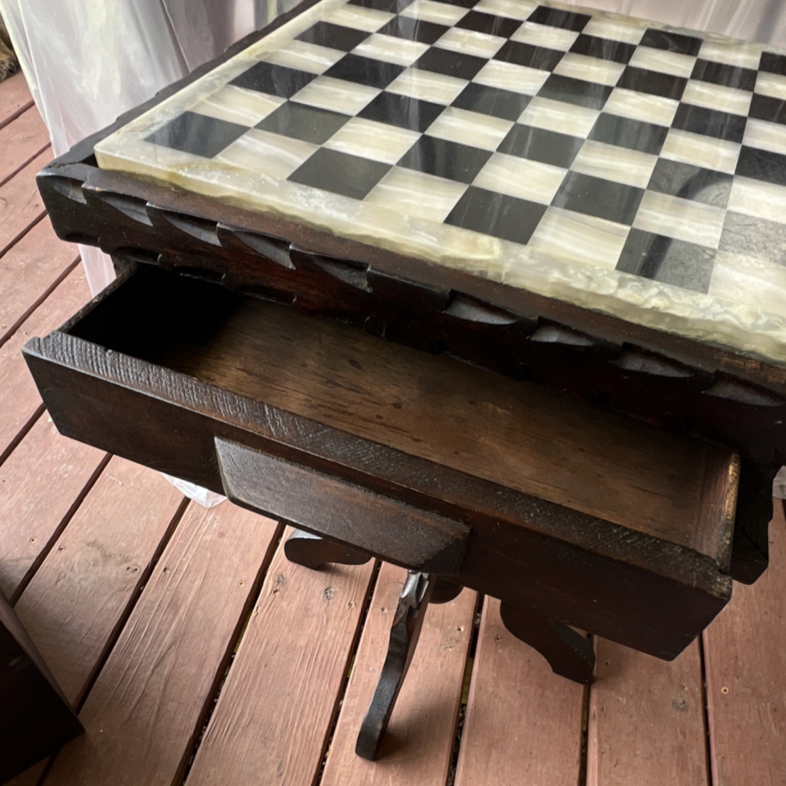 Square Wood Pedestal End Table 16x16x24 Checkered Stone Top, 1 Drawer