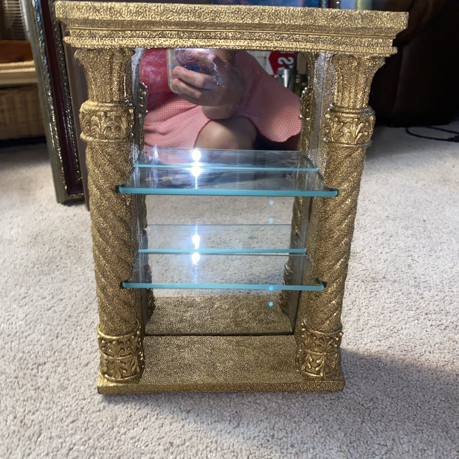 Vintage Art Deco Gold Columns Curio Trinket Wall Shelf Glass Shelves 14×10 Heavy