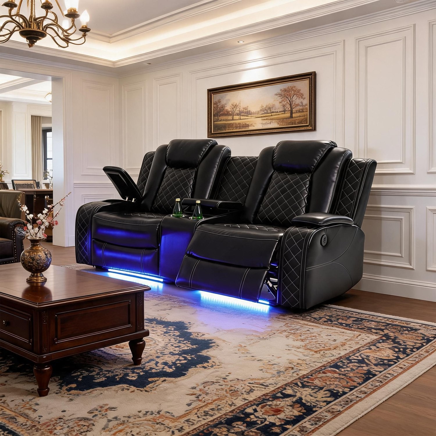Breathable Leather Recliner Sofa Set w/LED Ambient Lighting Cup Holders&Storage