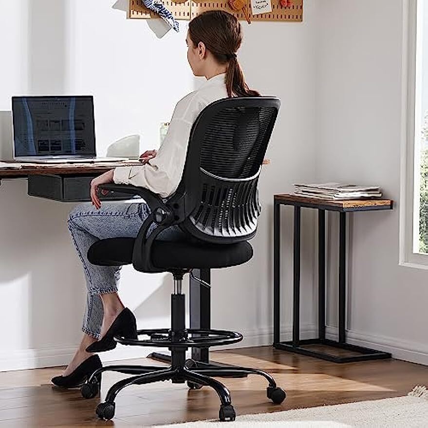 Adjustable Tall Home Office Drafting Chair Ergonomic Design with Flip Up Armrest