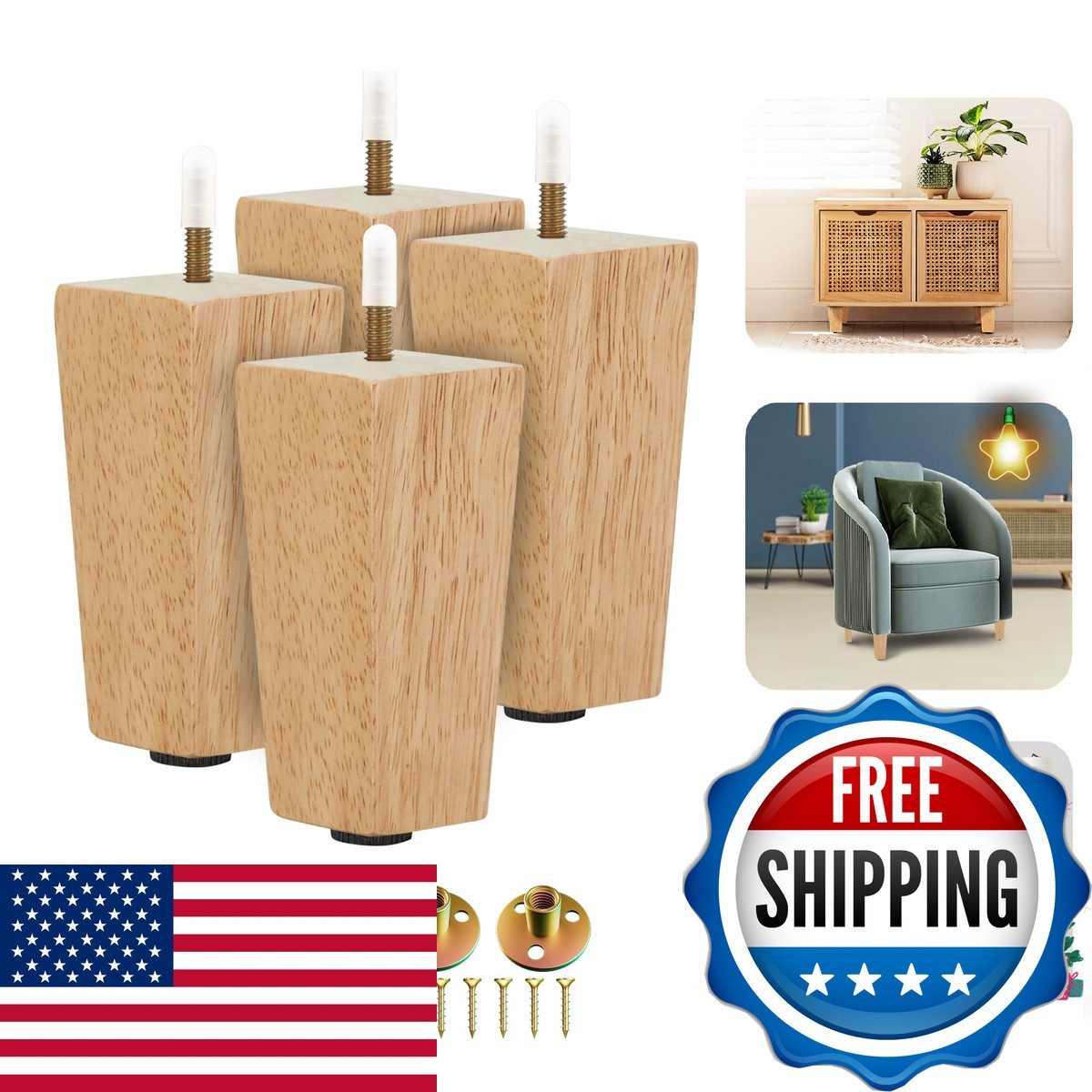 Yes4All 4.5 Inches Square Wood Furniture Legs Set 4 – Wooden Replacement Feet