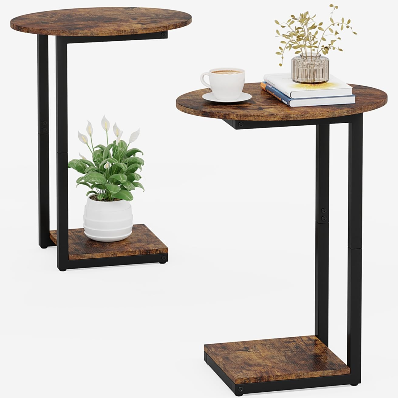 Side Table Small End Table, C-Shaped Wood Sofa Table with Metal Frame for Living