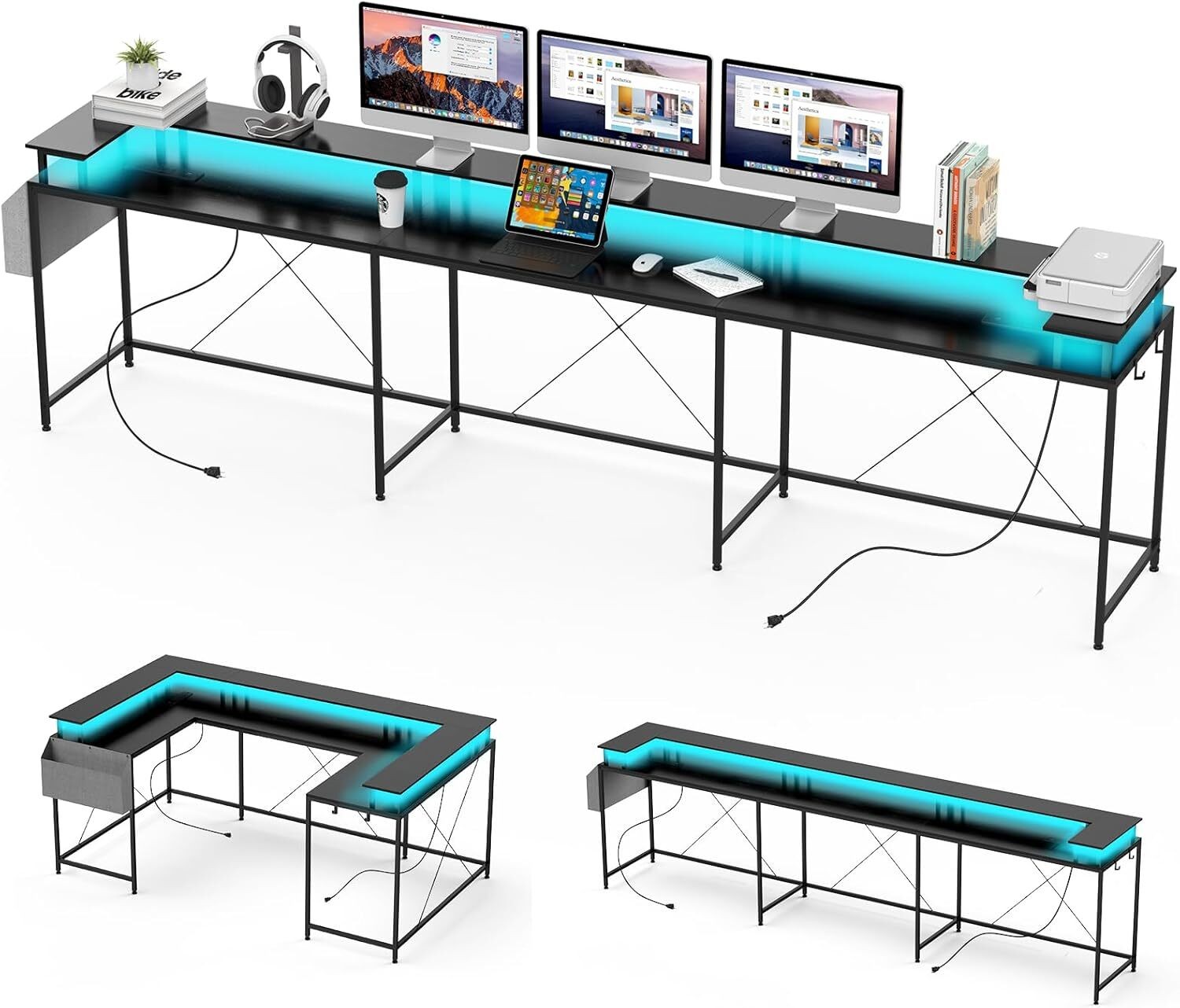 79″ L-Shaped Desk U Shaped Gaming Desk Computer Desk with LED Strip & Outlets