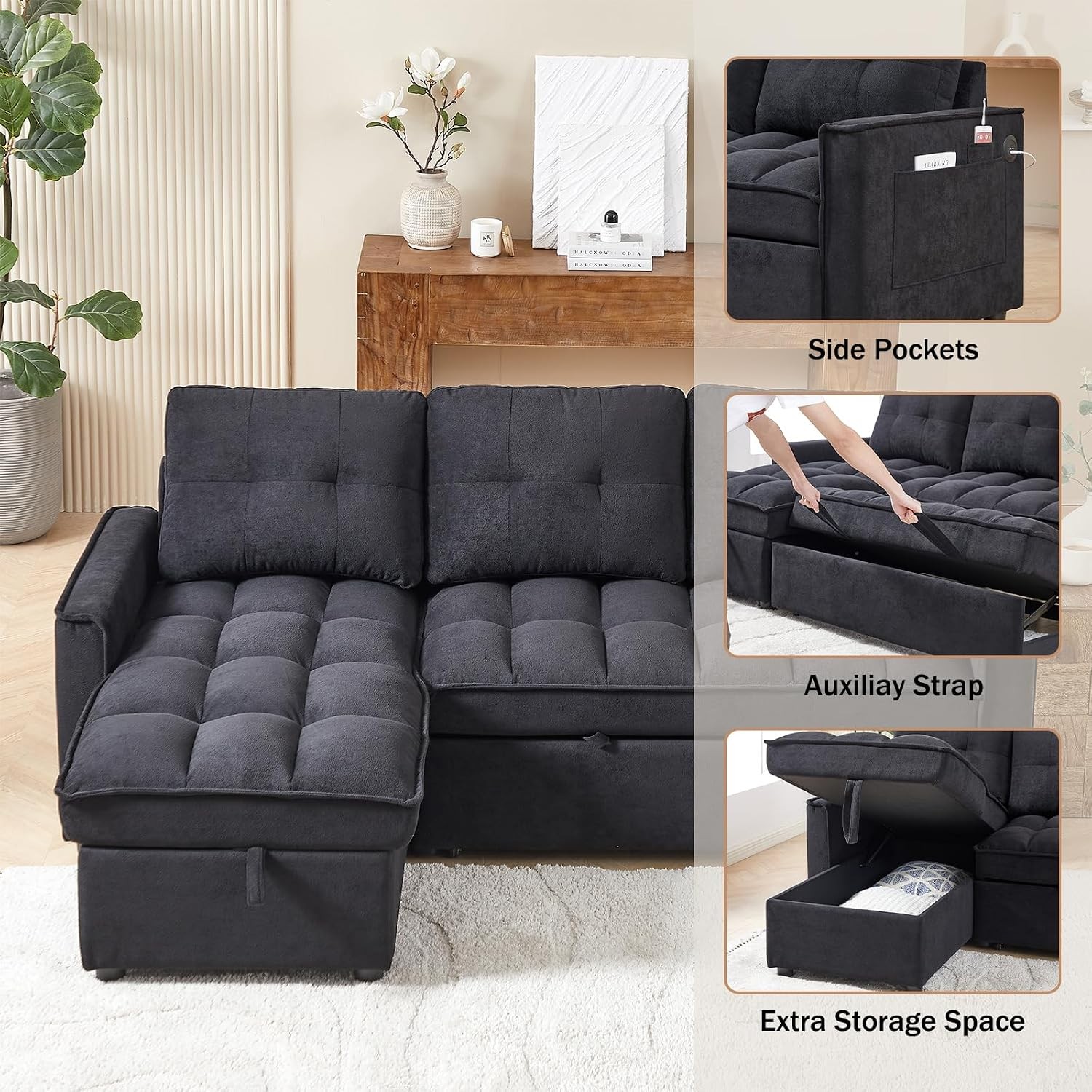 79″ L-Shaped Convertible Sectional Sofa Bed with Storage Chaise & Pull Out