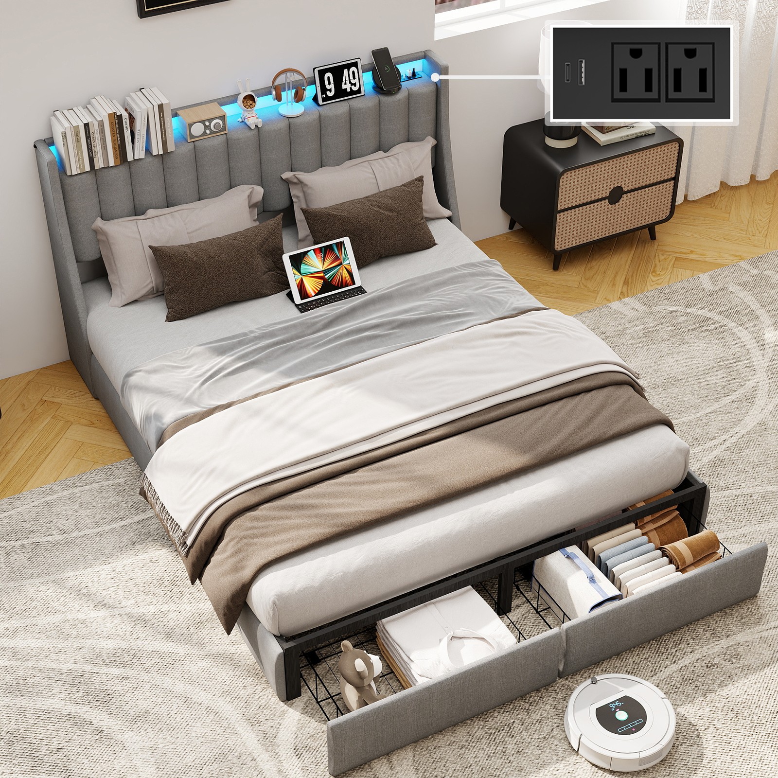 Queen/Full Bed Frame, Upholstered Platform Bed with 2 Drawers & Charging Station
