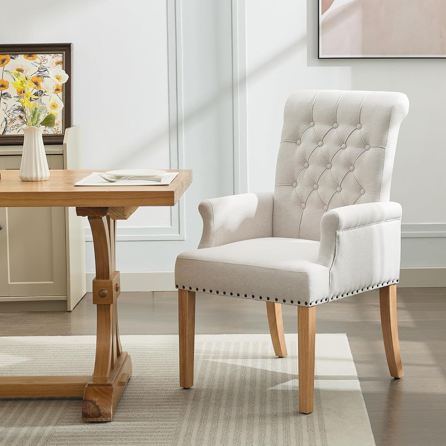 WUTUTUEE Fabric Dining Chair with Arms, Upholstered Tufted High Back Dining Room