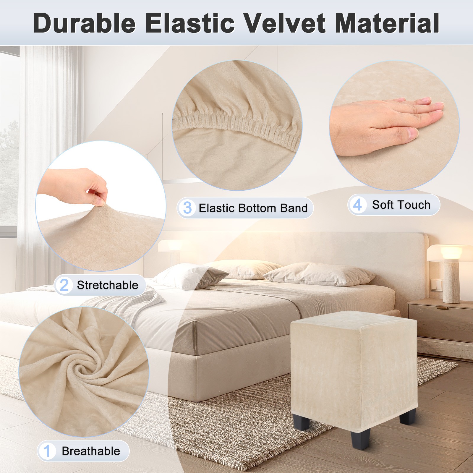 2-Pack 13″x13″x15″ Stretch Square Ottoman covers Footstool Protector Camel