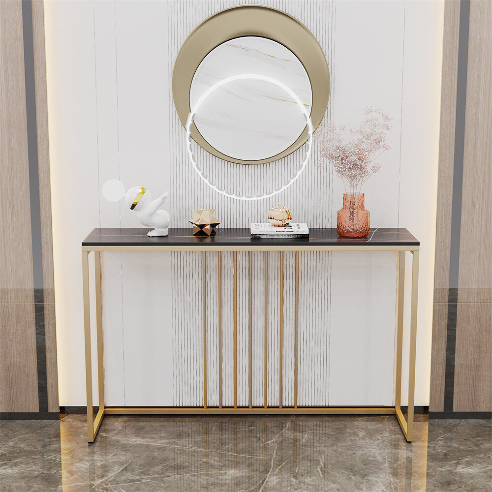 49.2in Extra Long Console Table Marble Entryway Table Gold + Black Accent Table