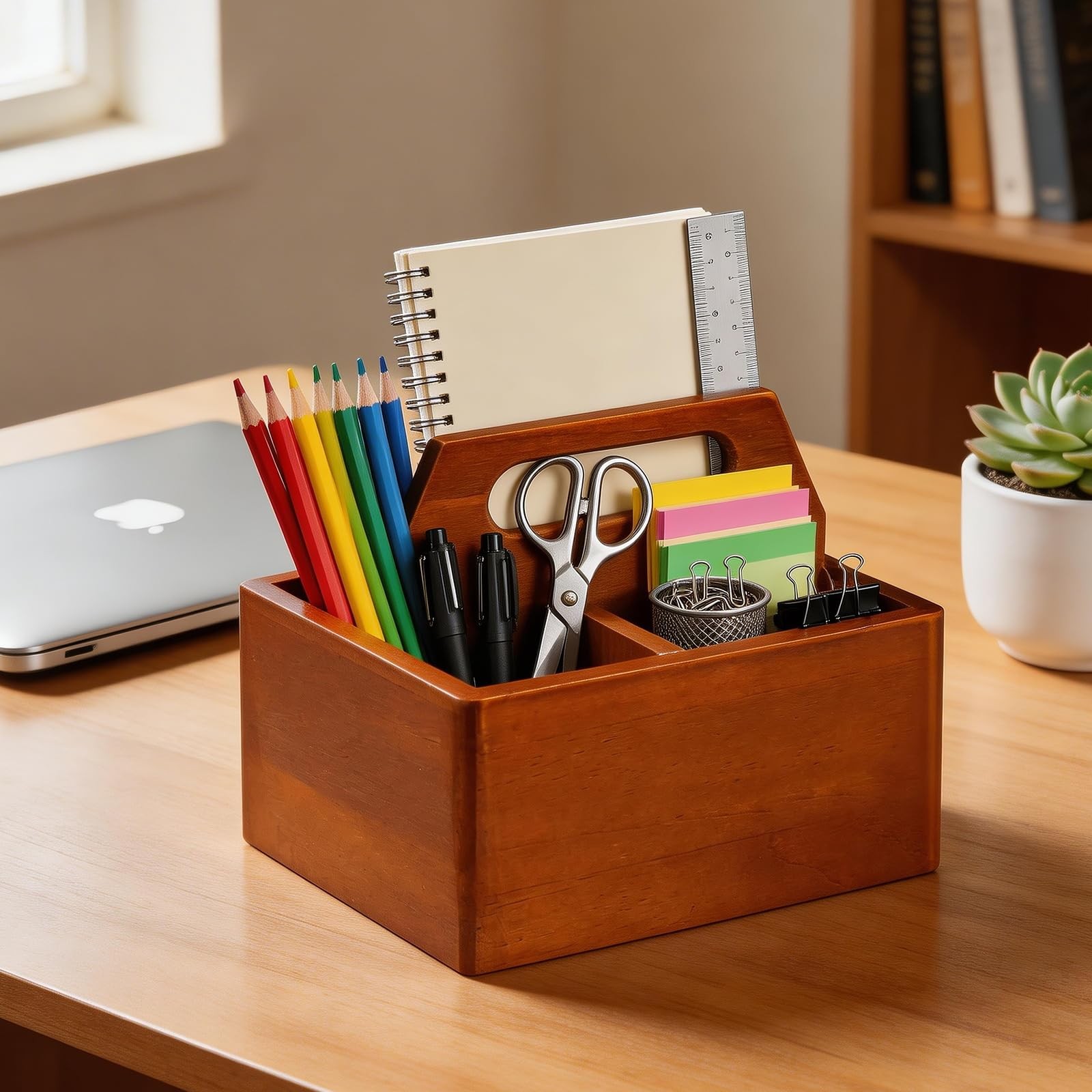 Acacia Wood Remote Control Holder with Handle, Desk Organizer with 3 Compartm…