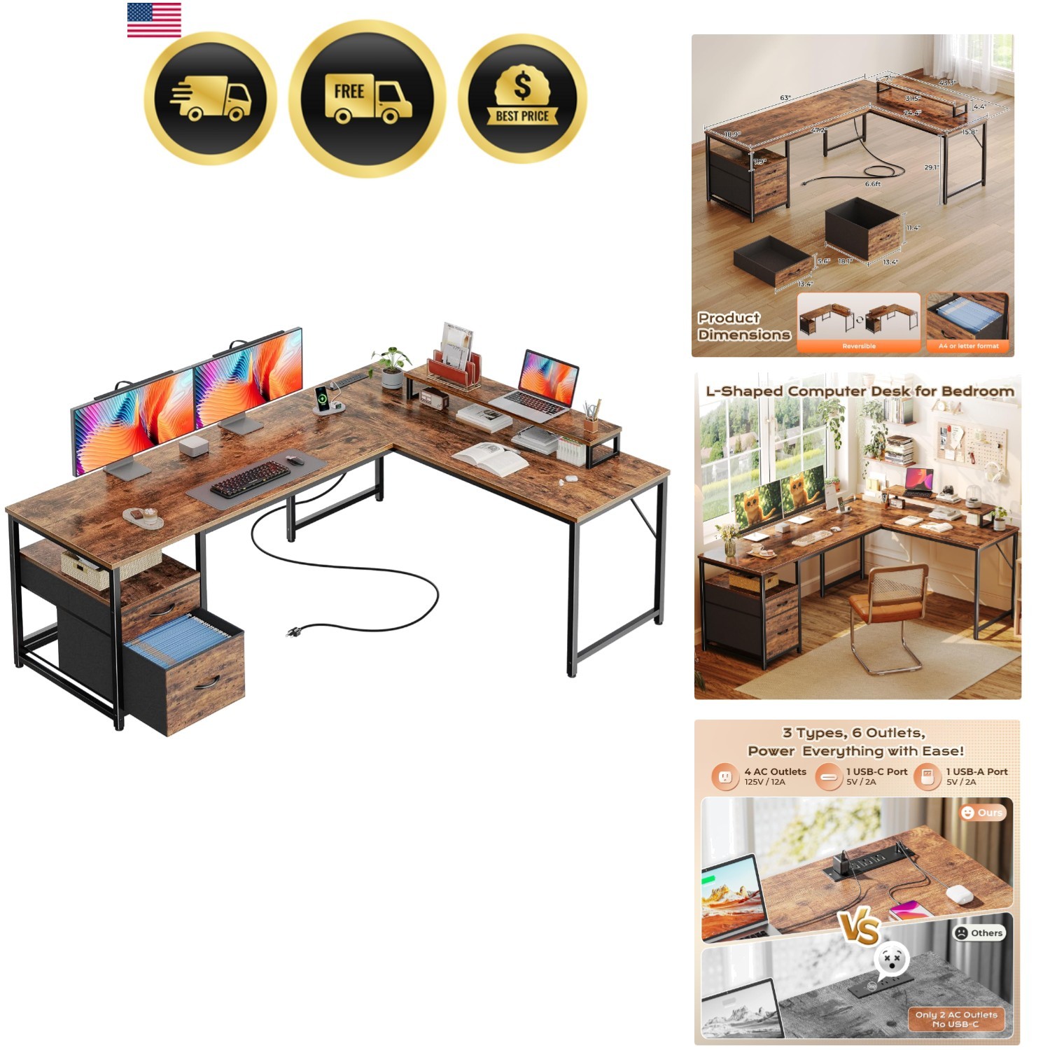 L Shaped Desk Computer Desk with Power Outlets USB-C Ports Large Rustic Brown…