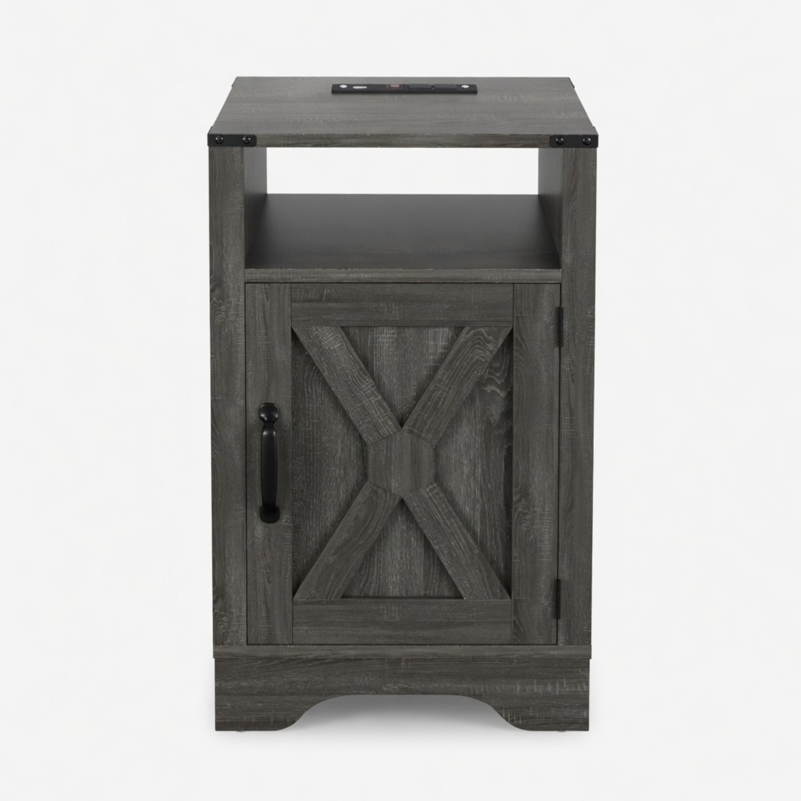 Dark Grey Farmhouse Nightstand with Charging Station & Storage