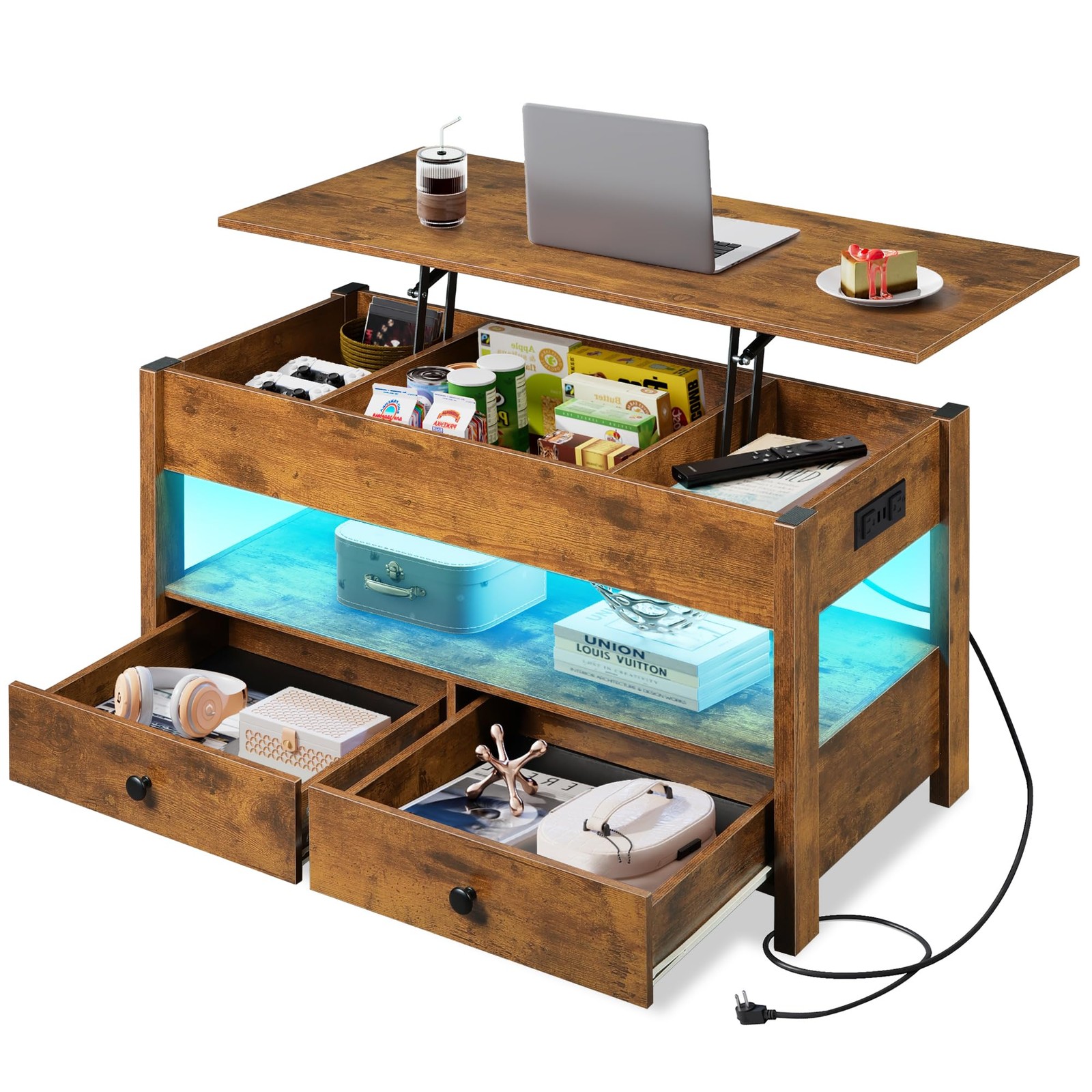 Coffee Table, Lift Top Coffee Table with 2 Drawers, LED Light, Large Storage And
