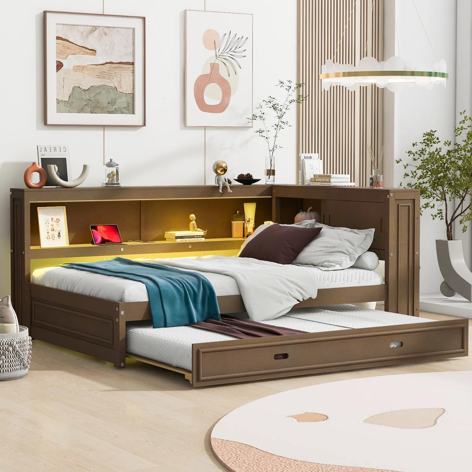 Full Size Daybed With Storage Shelves And Trundle USB Charging LED Light