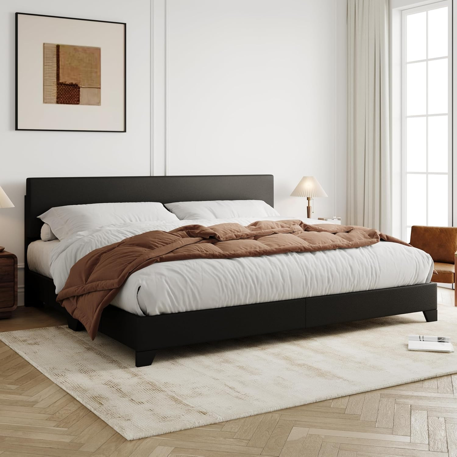 Adjustable King Size Faux Leather Bed Frame, No Box Spring Needed, Easy Assembly