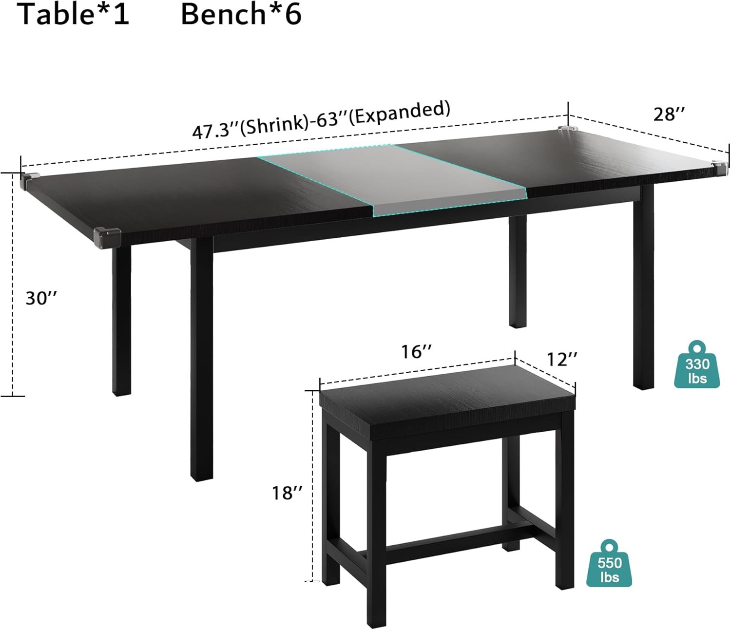 7-Piece Extendable Dining Table Set with 6 Stools, 63″ Kitchen Table Set for