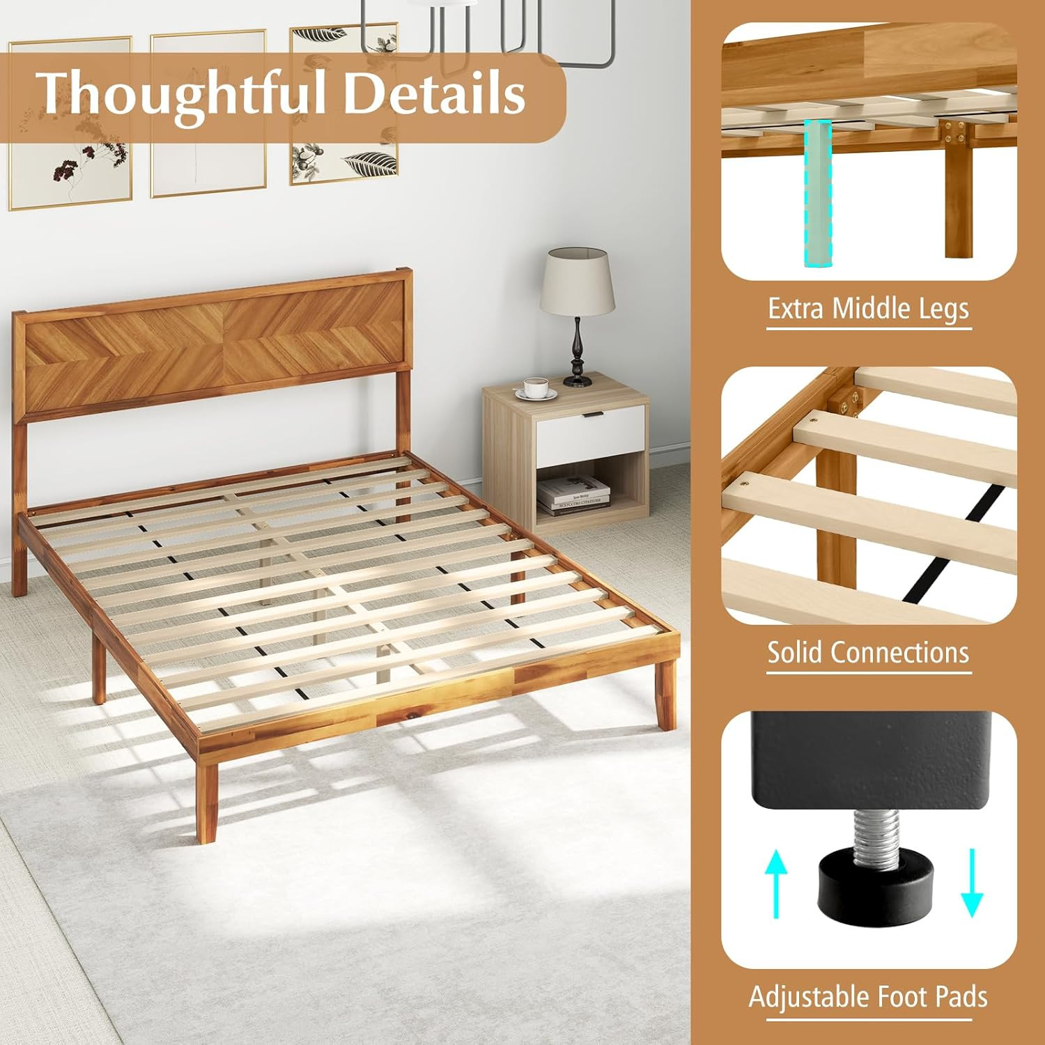 Queen Solid Wood Bed Frame with Stylish Headboard – Durable & Elegant