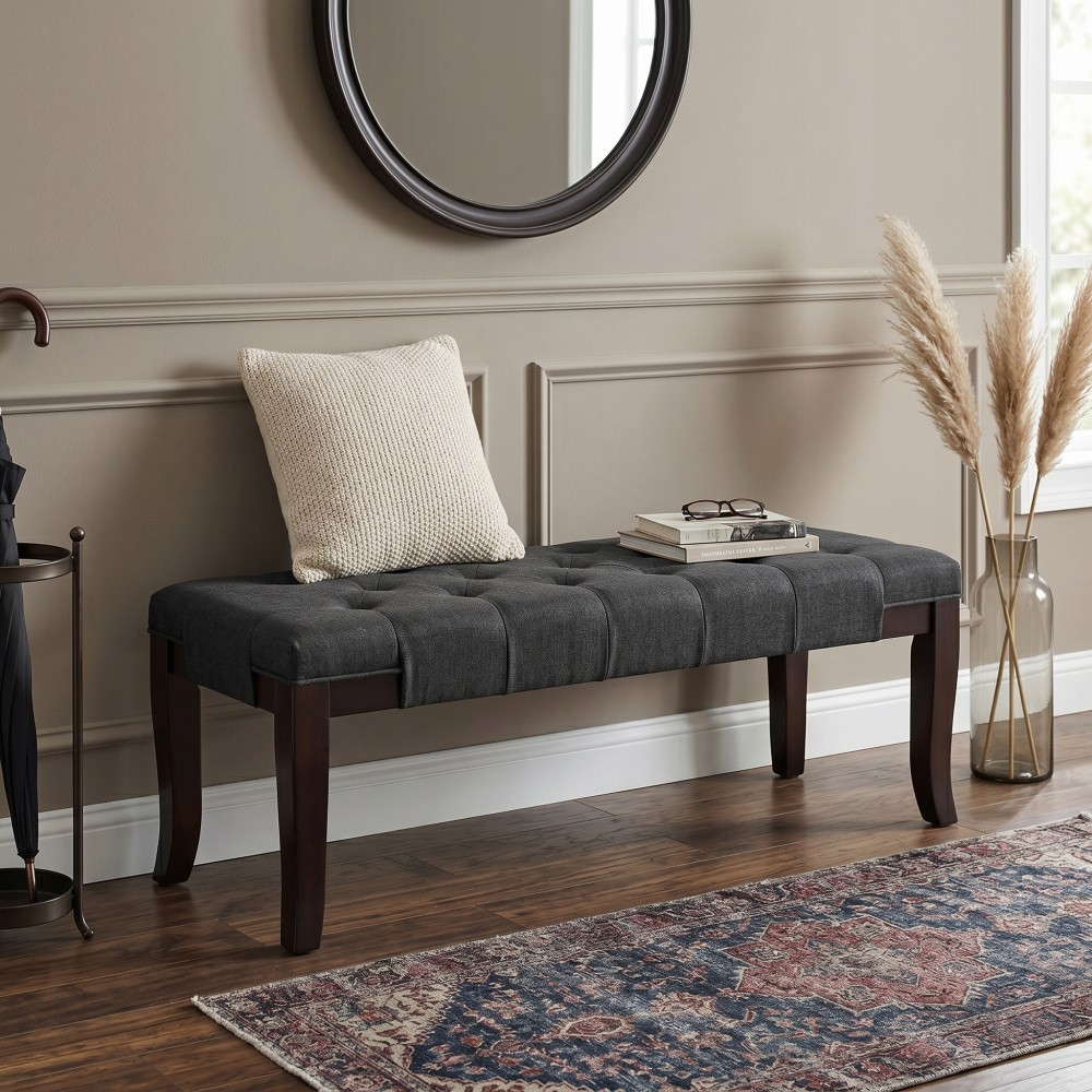 Linon Gray Fabric Tufted Bench for Entryway or Living Room