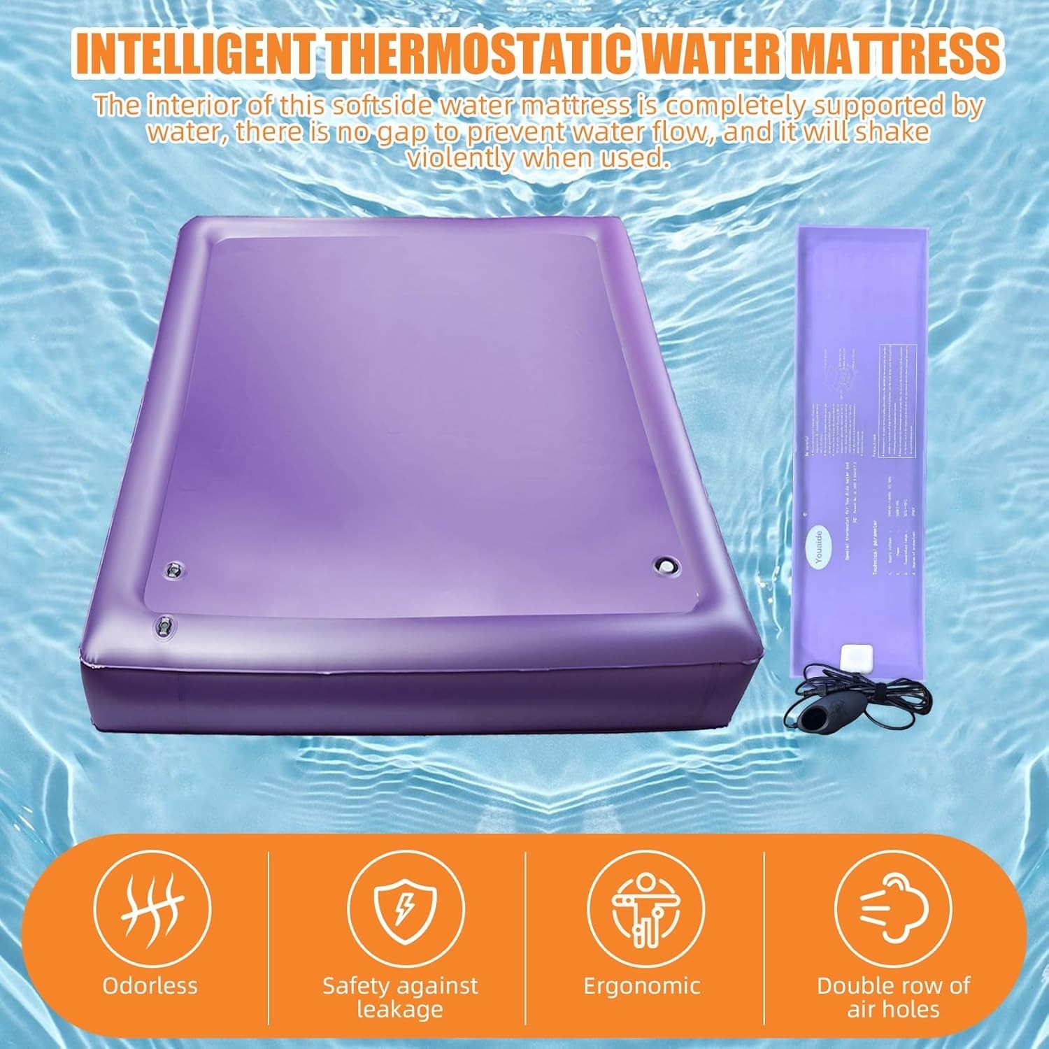 Free Flow Full Wave Water Bed Mattress – PVC Purple Softside Water Bed (Queen)