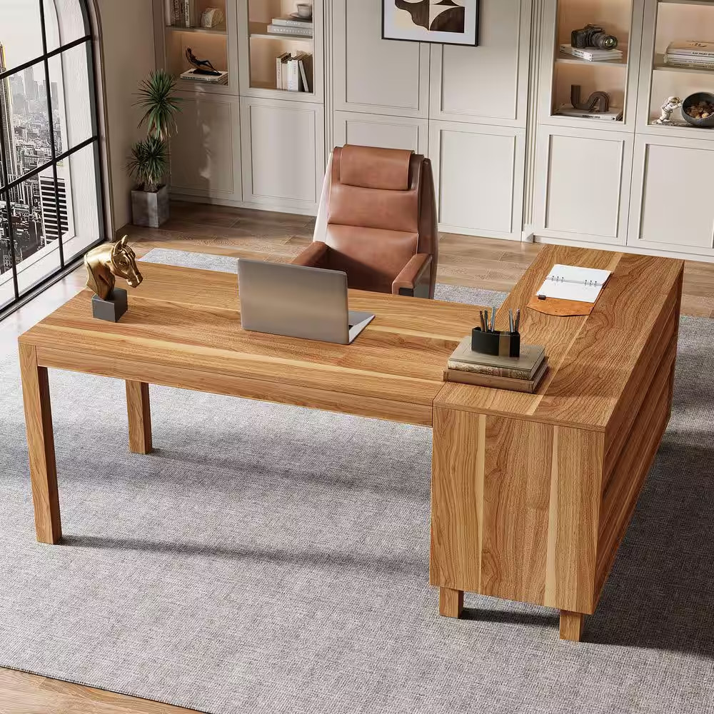 Halseey 59 In. L-Shaped Brown Wood Corner Computer Desk with Storage, Shelves, a