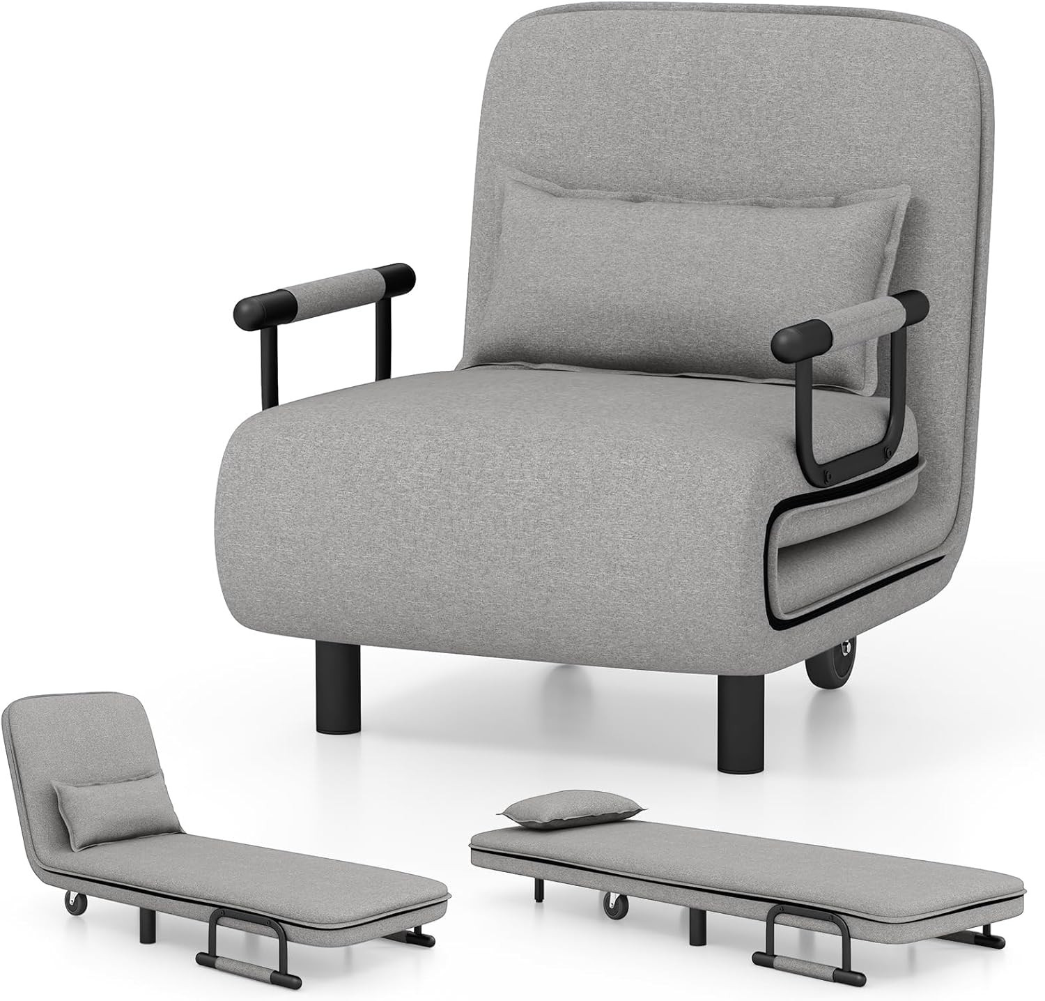 Light Gray Convertible Sofa Bed with Adjustable Backrest & Wheels, 3-in-1 Design