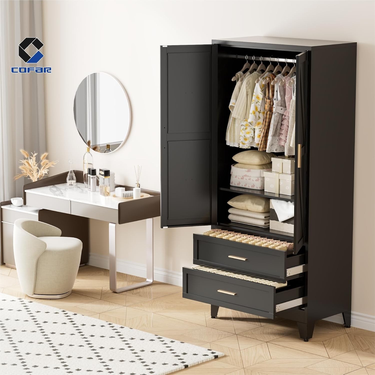 Armoire Wardrobe Closet W/ Drawers & Hanging Rod 71” Metal Wardrobe Closet W/