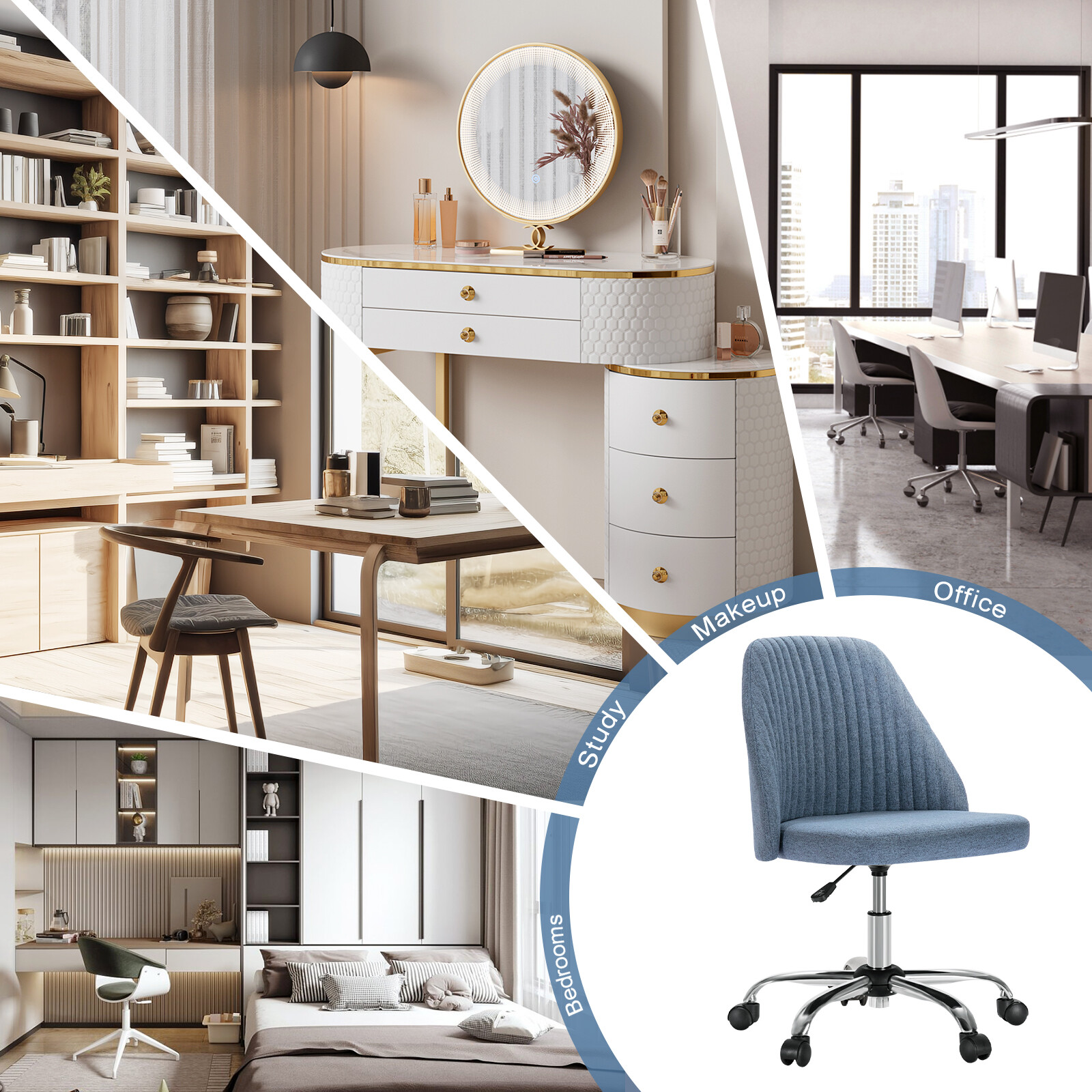 Office Chair Armless Chairs Cute Fabric Desk Adjustable Height Swivel Wheel