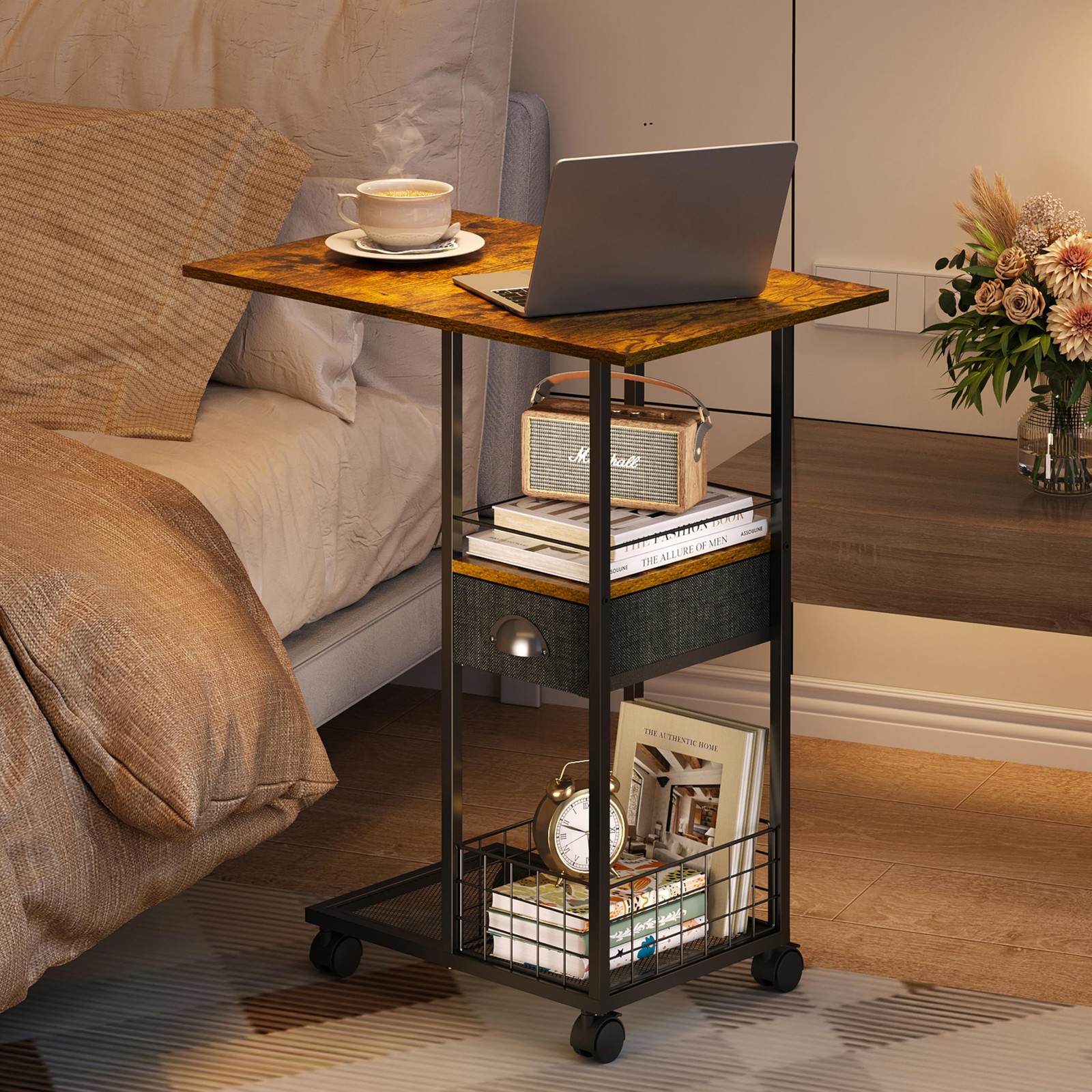 Rolling C-Shaped Side Table with Wheels X-Large (With Drawer & Wheels), Black