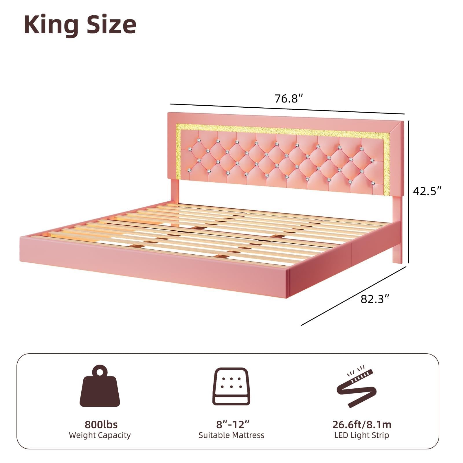 Floating King Bed Frame with LED Lights Upholstered Diamond Headboard Pink