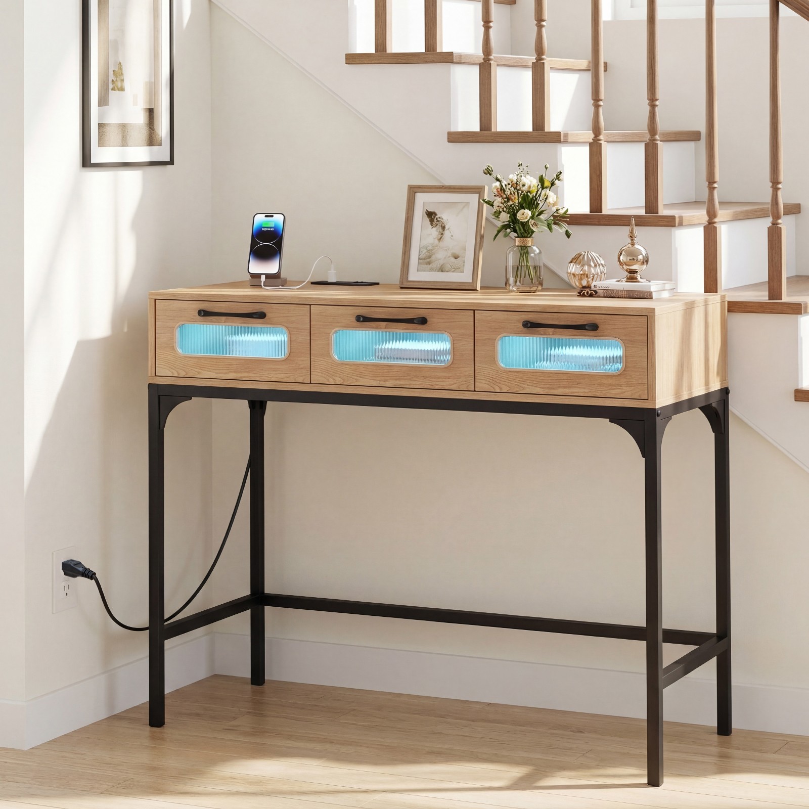 Console Table with LED Lighting & Charging Station,Entryway Table with 3 Drawers
