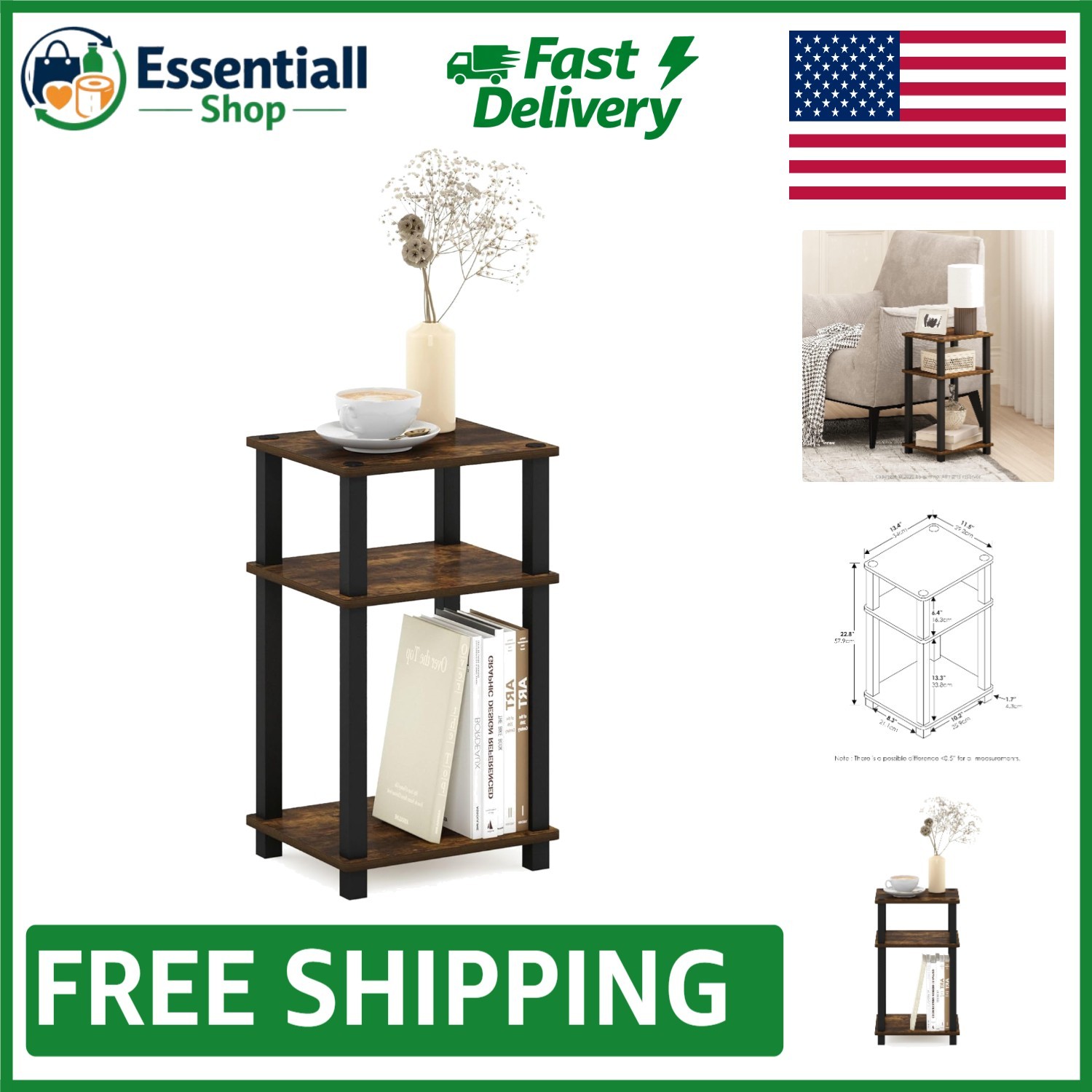 Stylish 3-Tier End Table for Living Room – Amber Pine & Black, Easy Setup