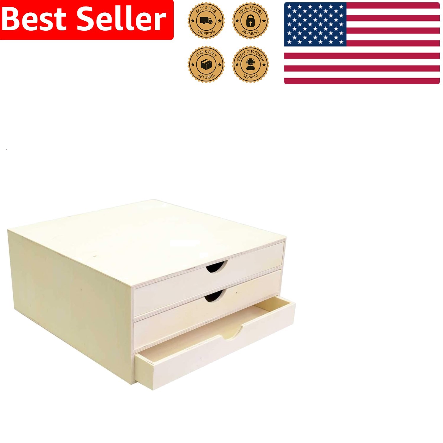 Wooden Storage Bunk 3 Drawers Beige Compact Organizer Unit 34.5x34x15.5cm
