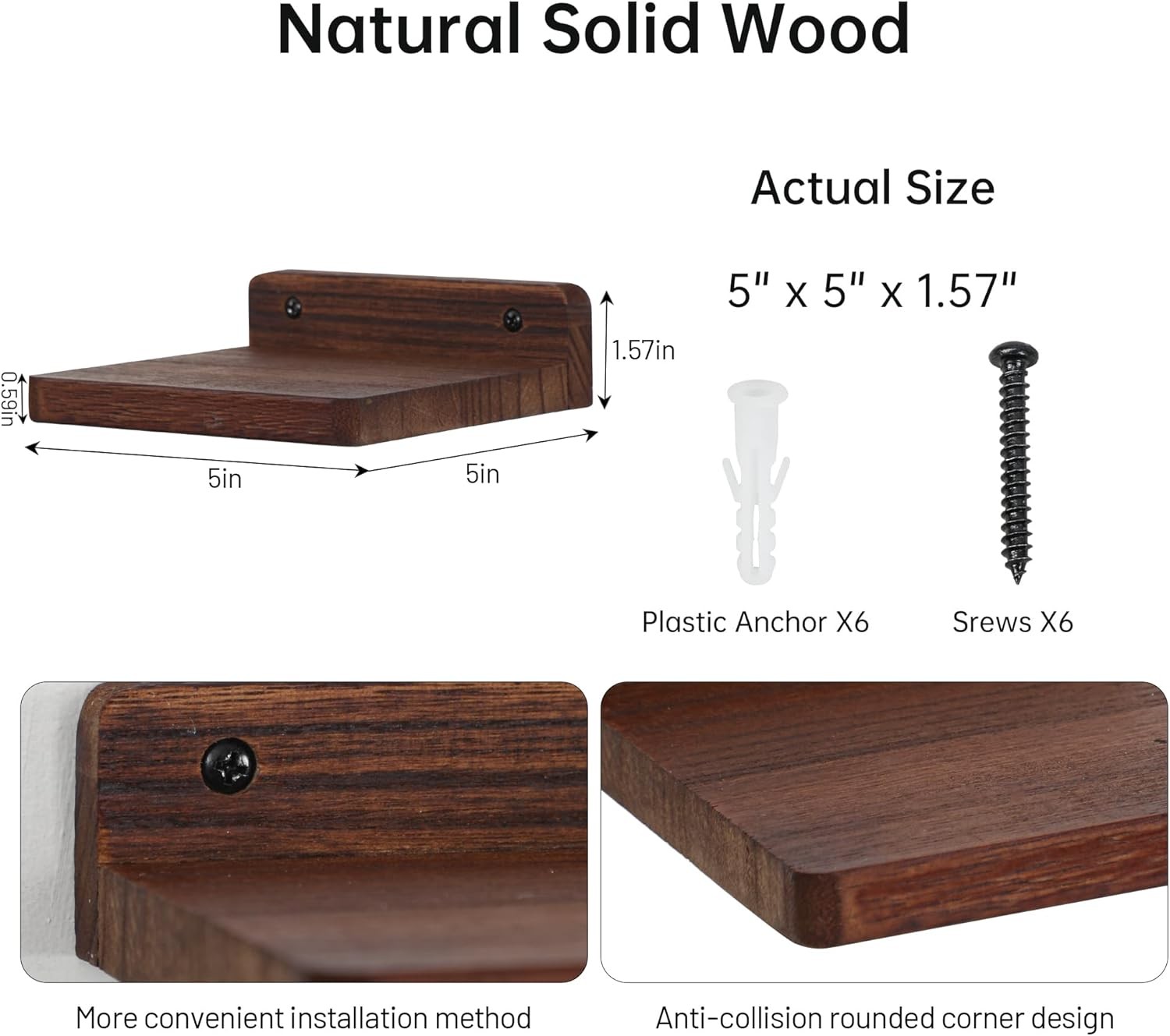 Small Floating Shelf,5×5 Inch Dark Walnut,Set of 3Small Wall Shelves for Bedroom