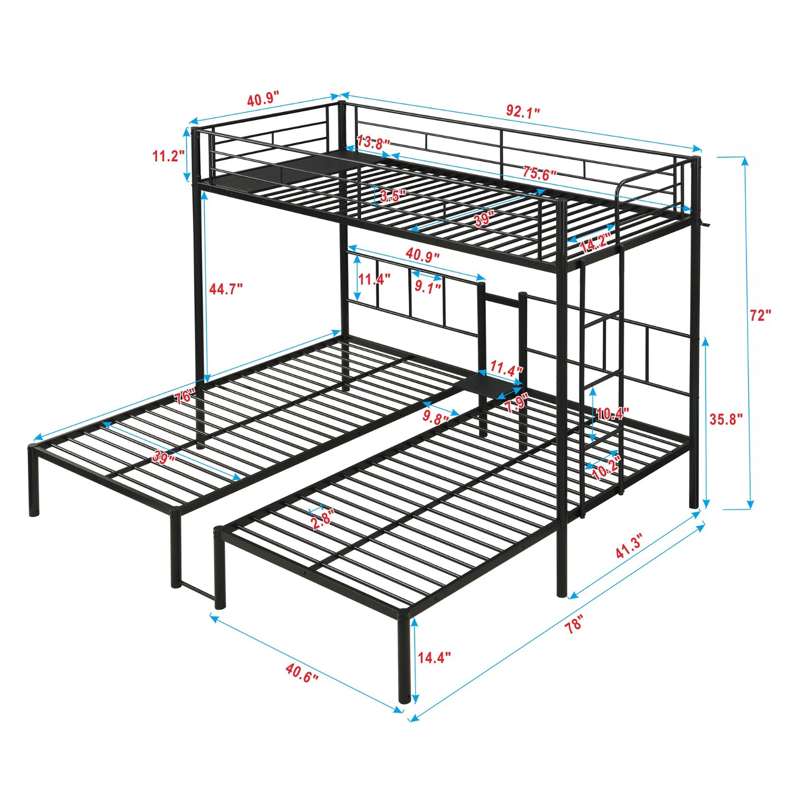 Triple Bunk Bed Twin Over Twin Over Twin Metal Frame Bunk Bed with Rail Bedroom