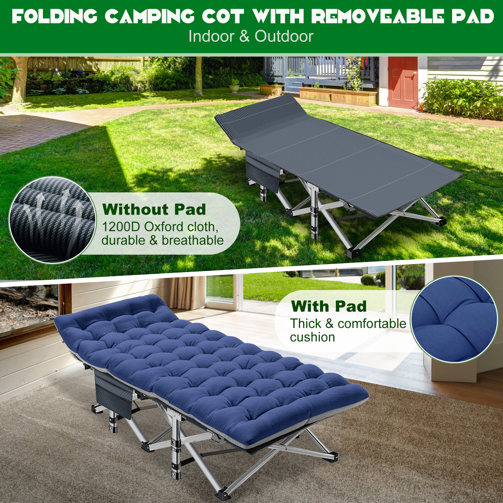 75inch Adult Folding Bed Military Bed Light Weight Folding Rollaway Cot 600 LBS