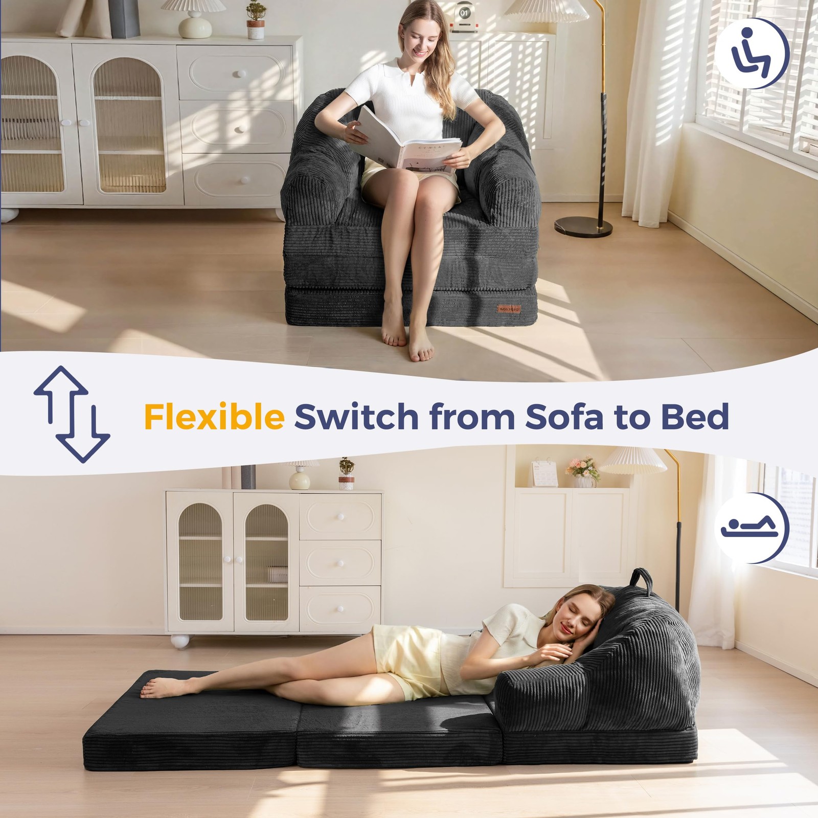 MAXYOYO Folding Sofa Bed with Backrest, Boneless Fold Out Couch Large, Black