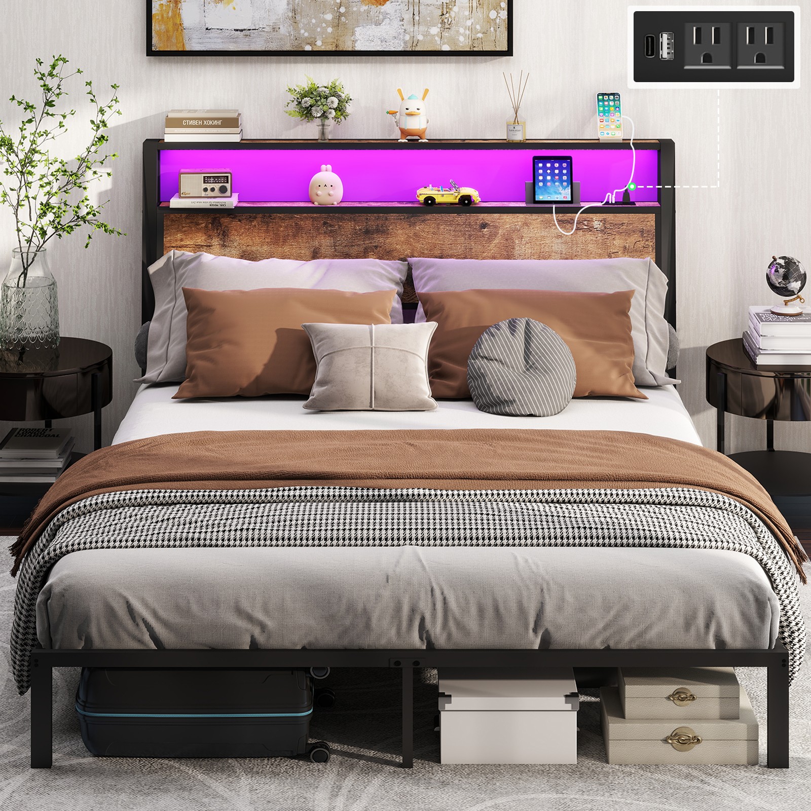 Bed Frame Full/Queen/King Size with 2-Tier Storage and LED Lights Headboard USA