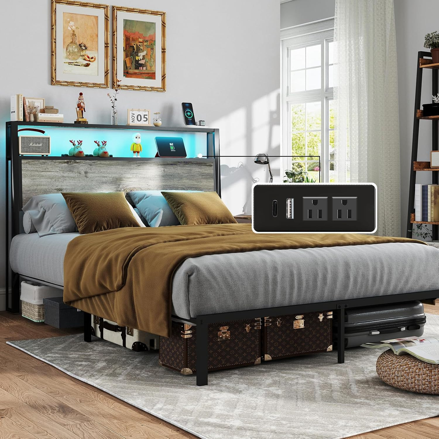 Queen Size Bed Frame with 2-Tier Storage Headboard, Rustic Grey | Wooden Headboa