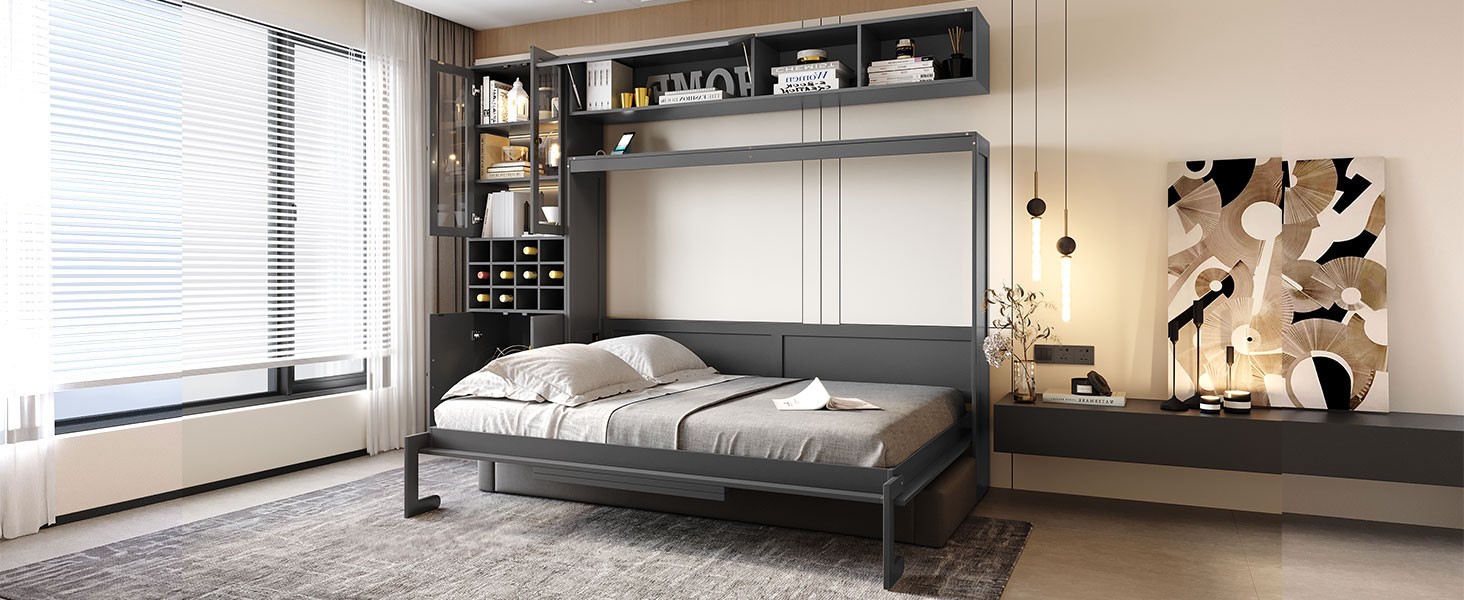 Full Size Murphy Bed with Sofa, Shelves, USB & Light, Gray