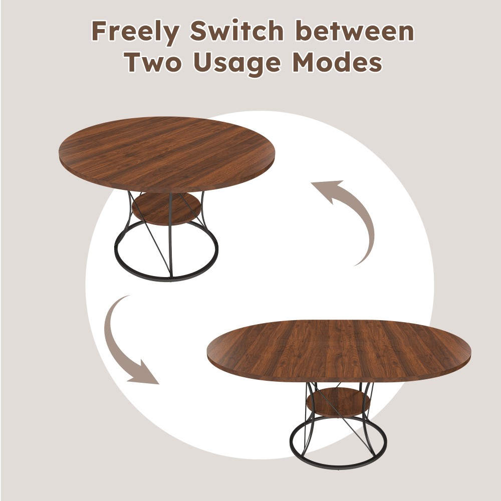 Round dining table, extendable, equipped with storage shelf and metal base
