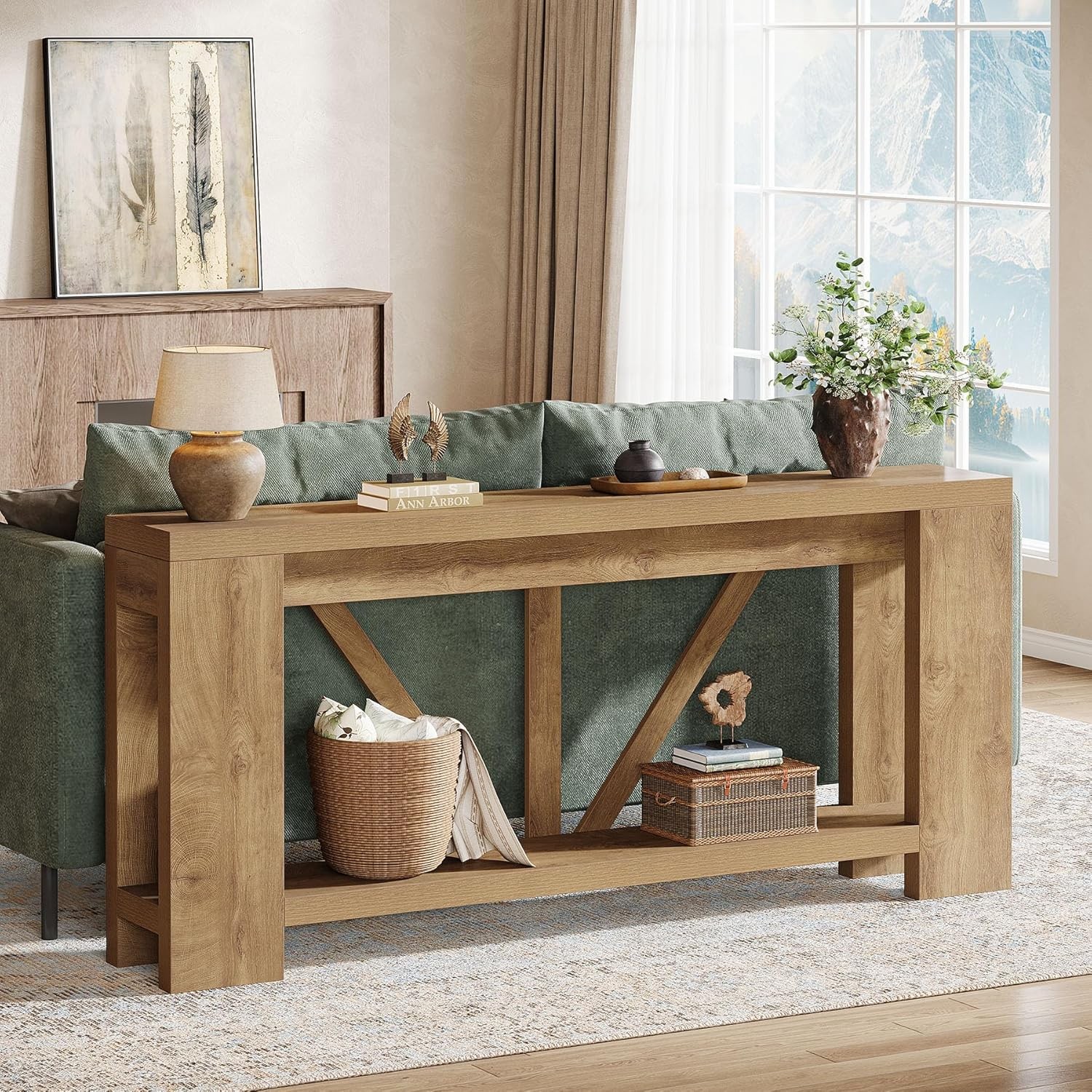 70.9″ Extra Long Console Table, Farmhouse Wooden Entryway Table with Storage