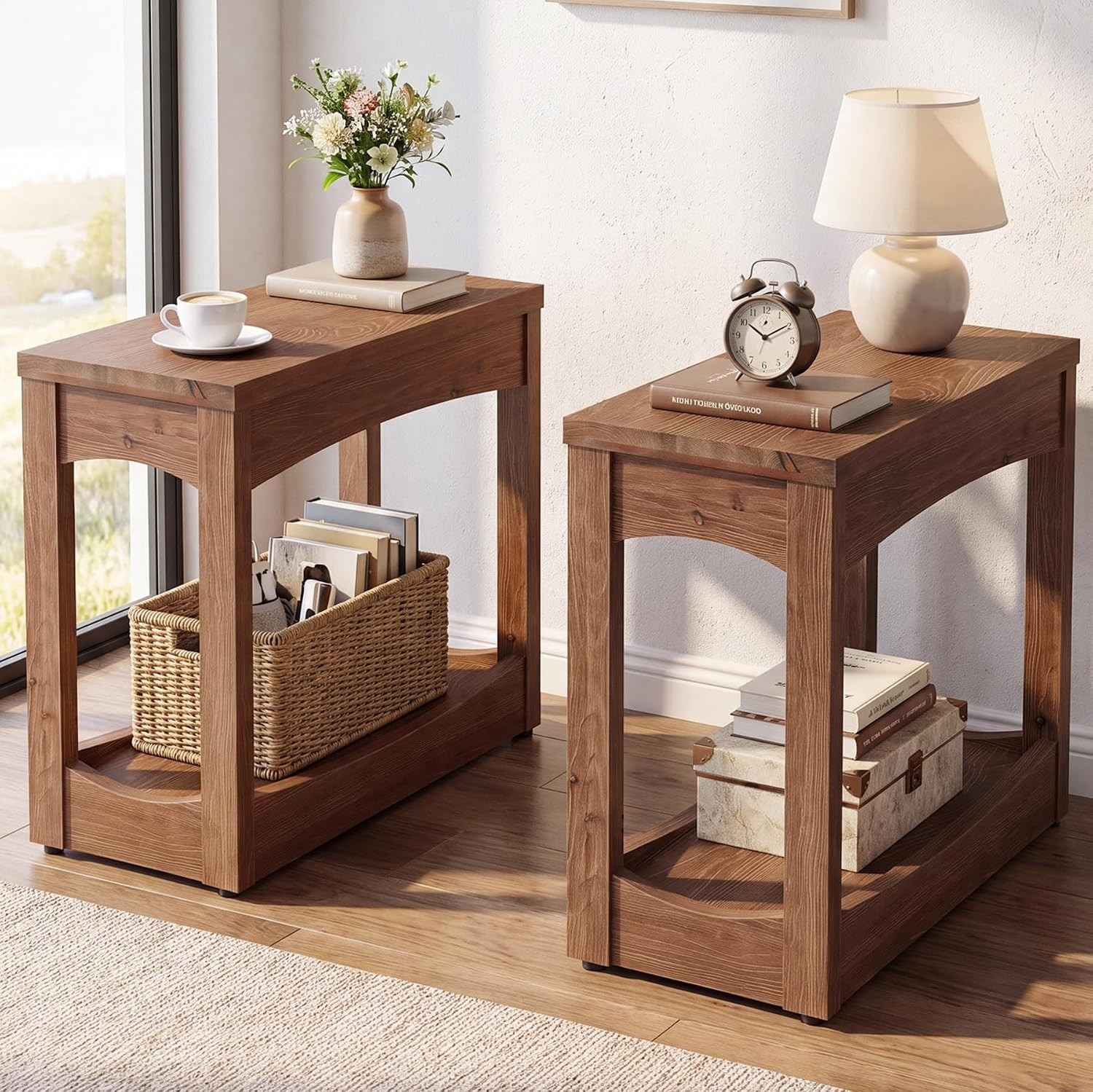 23.62″ Solid Wood End Table,Rectangle Side Table w/ 2-Tier Shelf for Small Space