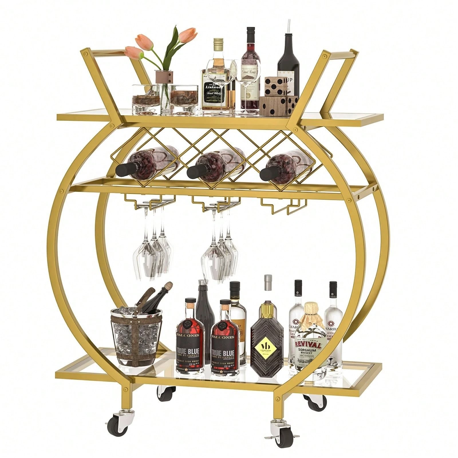 Glass Bar Trolley 2 Tier Rolling Wine Rack Cart with Wheels Metal Frame