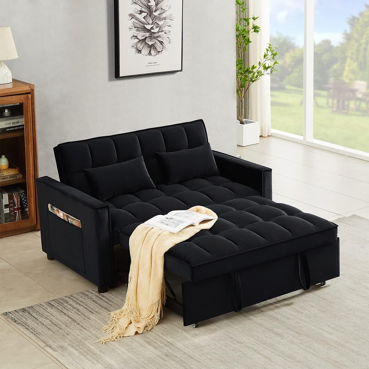 3-in-1 Convertible Sleeper Sofa Bed Modern Velvet Loveseat Couch w/Pull Out Bed