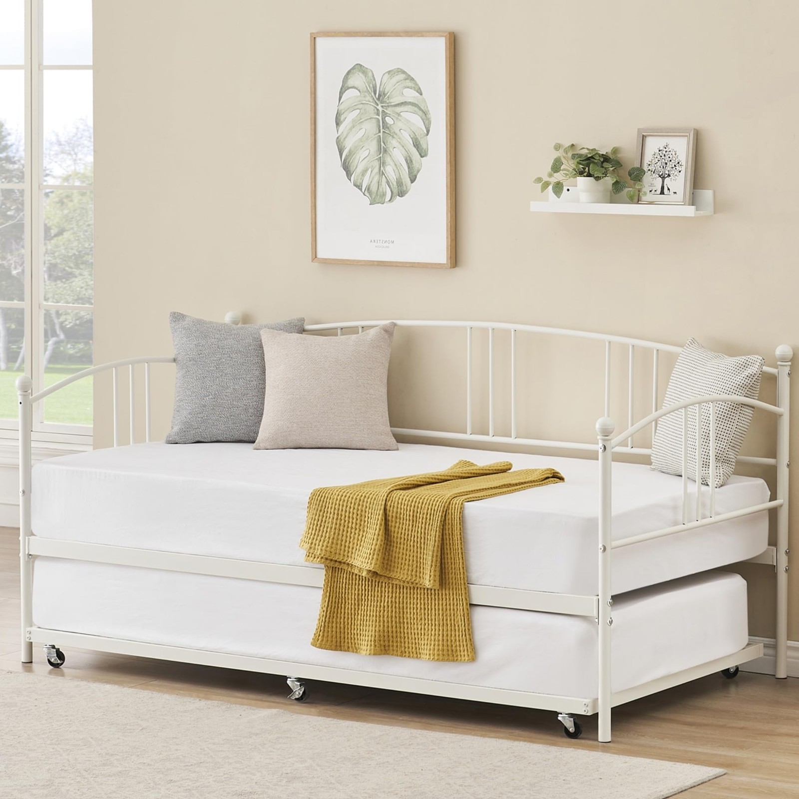 Daybed with Trundle, Twin Size Metal Day Bed Bed Frame Sofa ,Space Saving ,White