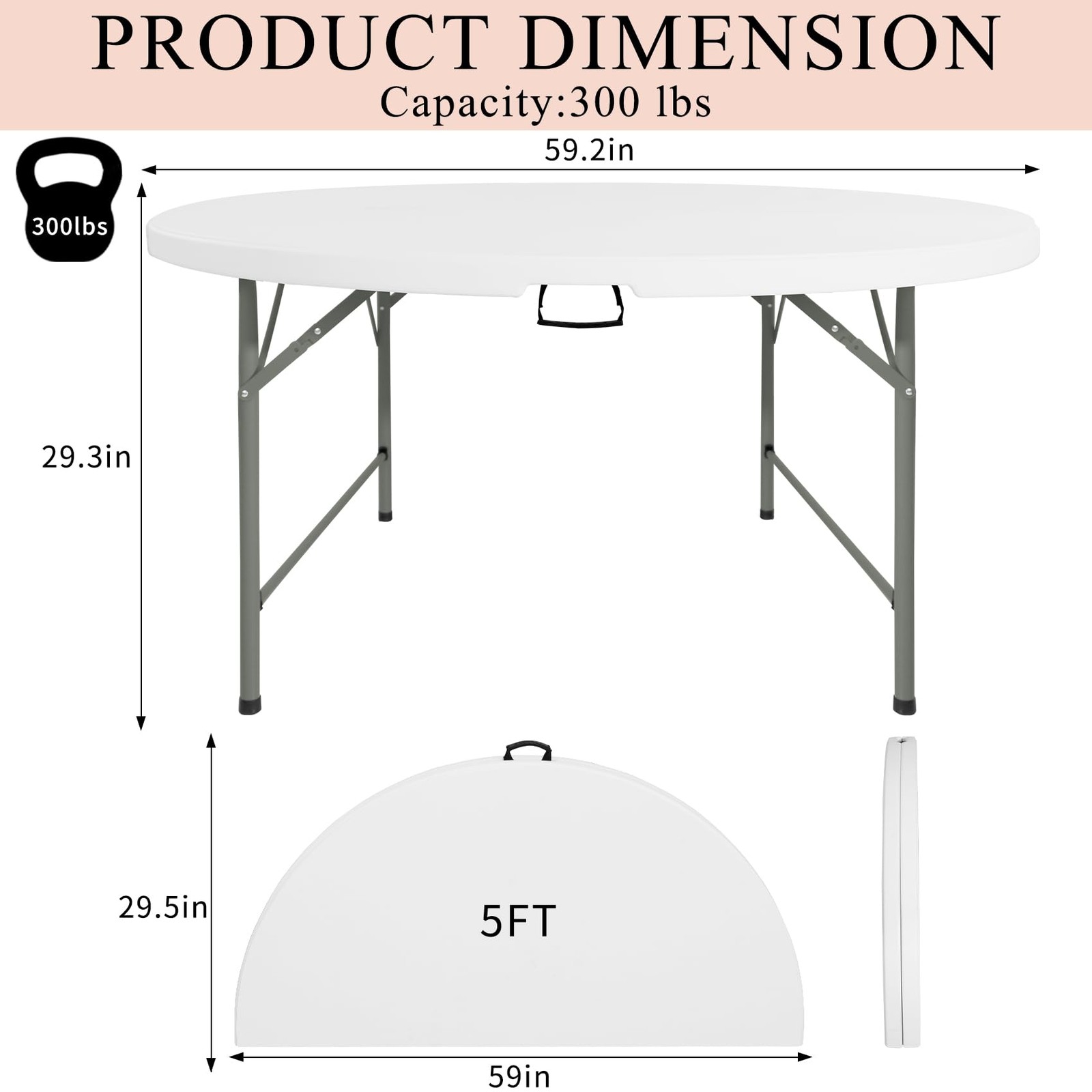 5 FT Round Folding Tables with Carrying Handle 60 inch Heavy Duty Portable Pl…