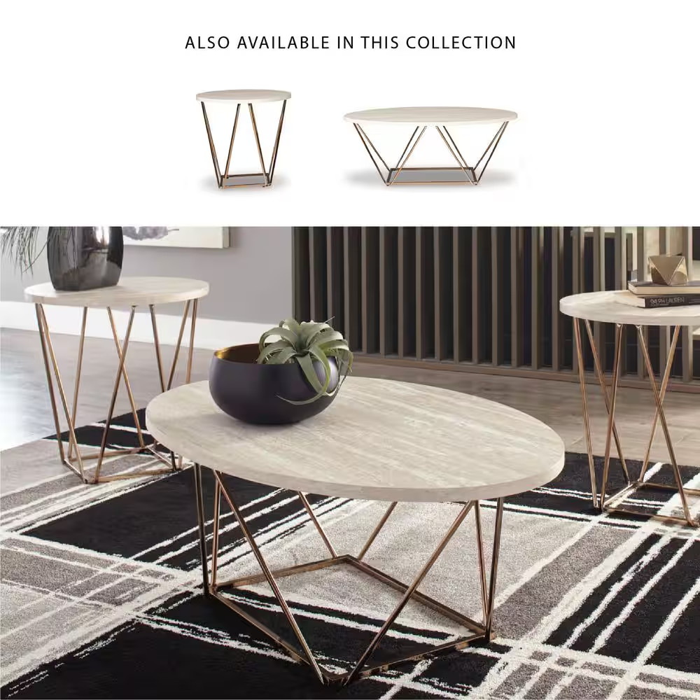 Tarica 47 In. White/Gold Oval Faux Marble Coffee Table with 2-Pieces