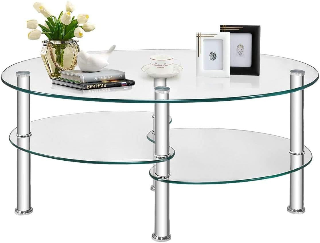 Modern Oval Tempered Glass Coffee Table with 3-Tier Steel Storage Shelf